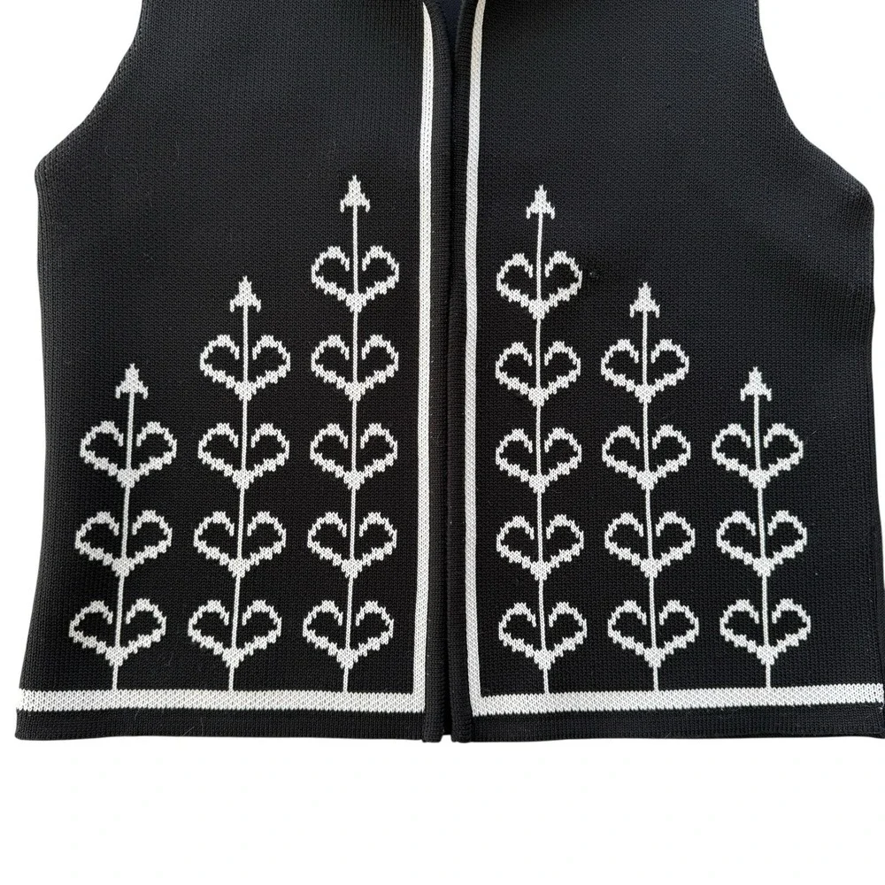 Vintage 70s Graphic Knit‎ Vest Black White ILGWU Scandinavian Folk Women's M